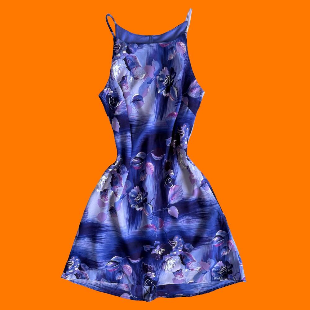 90's vintage purple floral high neck sleeveless mini dress Size 7/8 steppin' out